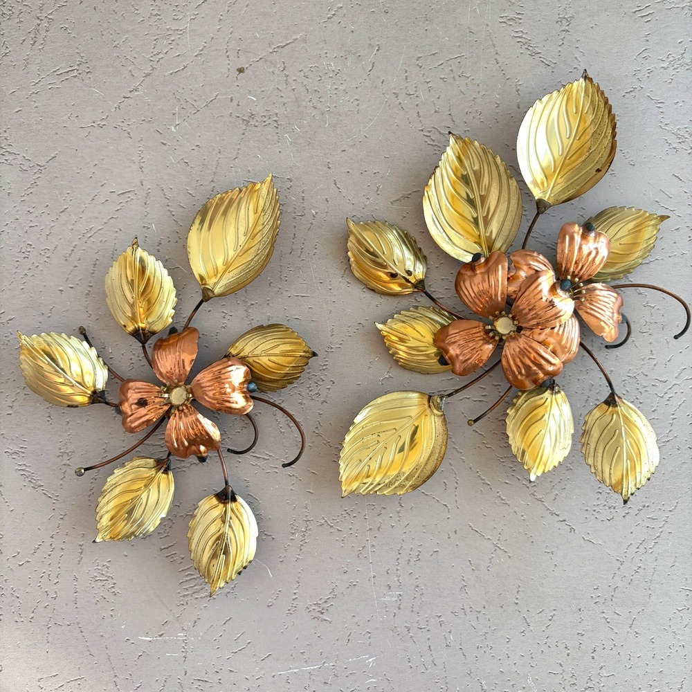 Vintage Mixed Metal Floral Wall Art Set Copper Brass Dogwood Leaves MCM Decor